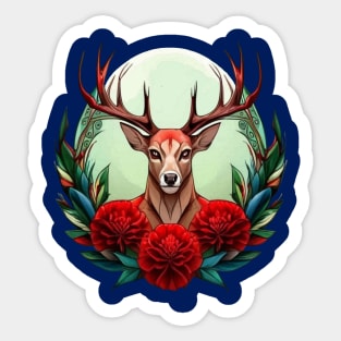 Ohio White Tailed Deer Surrounded By Red Carnations Tattoo Art Sticker